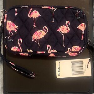 Vera Bradley Flamingo Print Wristlet/Tech Case - Navy and Pink